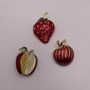 Lot Of 3 Pretty Women’s Fruit Gold Tone / Red - Apple / Strawberry Pin Brooch